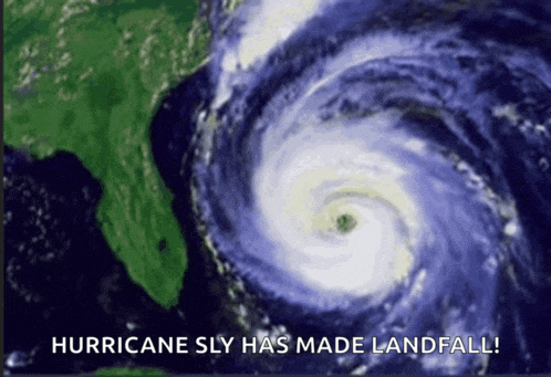 a satellite image of a hurricane with the words hurricane sly has made landfall