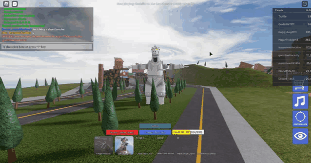 a screenshot of a video game shows a giant robot standing in the middle of a road