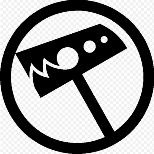 a black and white icon of a hammer in a circle on a white background