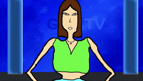 a cartoon of a woman standing in front of a gtv logo