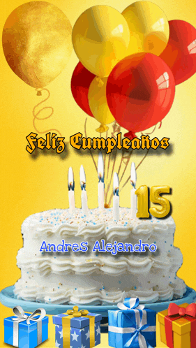 a birthday card for andres alejandro with a cake and gifts