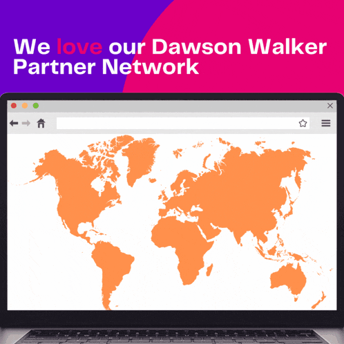 a laptop with a map on the screen and the words we love our dawson walker partner network above it