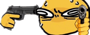 a yellow smiley face is holding a gun in front of it 's face .