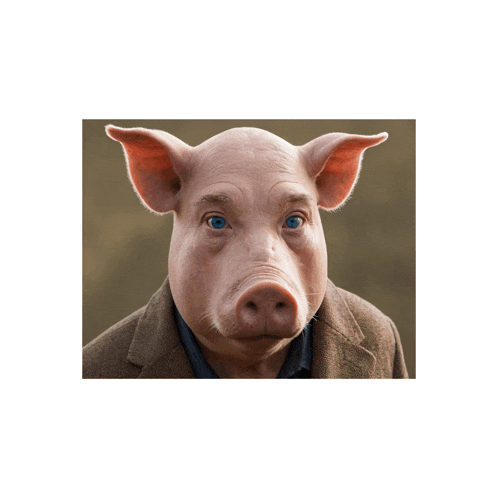 a pig with blue eyes is wearing a suit and tie