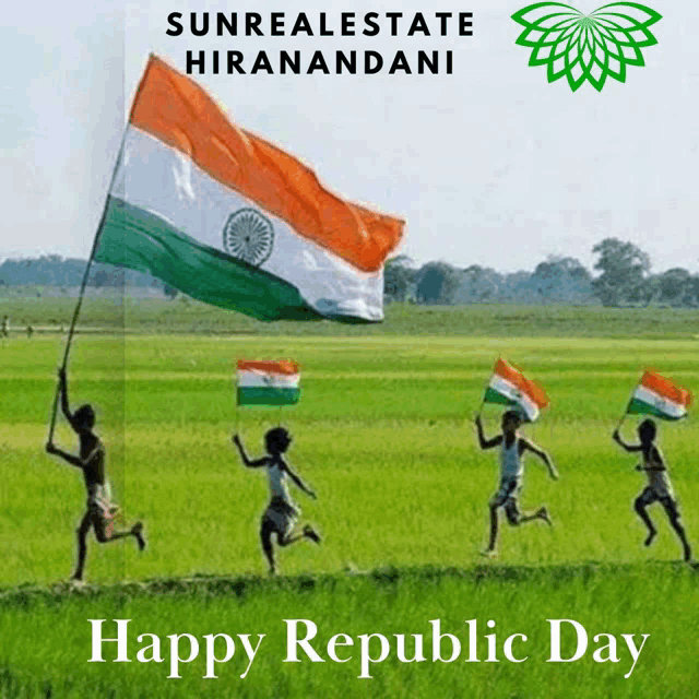 a group of children running in a field holding flags with the words happy republic day below them