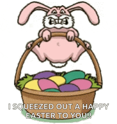 a cartoon bunny is holding a basket full of easter eggs