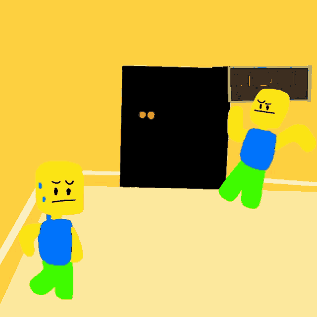 a cartoon of two roblox characters standing in front of a digital clock that reads 2:13