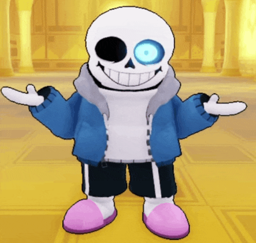 a cartoon character named sans is standing in a room with his hands outstretched