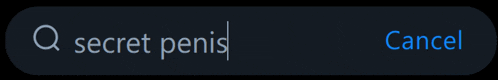 a screenshot of a search for secret penis and a cancel button