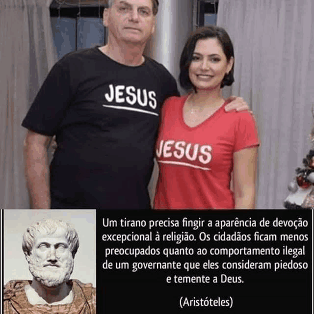 a man and a woman wearing jesus shirts are posing for a photo