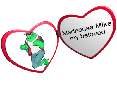 two hearts that say madhouse mike my beloved with a cartoon character