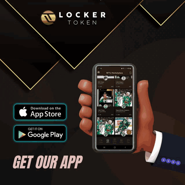 an advertisement for locker token shows a hand holding a phone