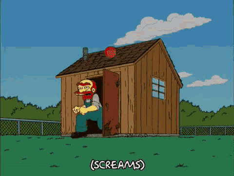 a cartoon of a man in a shed with the words ( screams ) below him