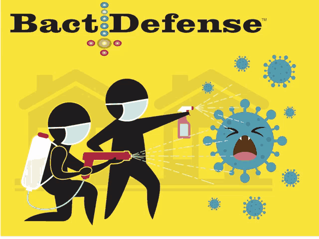 an advertisement for bact defense shows two people spraying a virus with a spray bottle