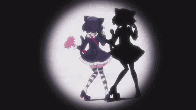 a silhouette of a girl with a cat ear holding a pink stuffed animal