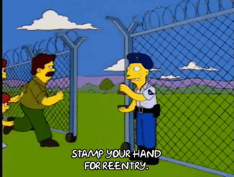 a cartoon of a group of people standing behind a barbed wire fence with the words stamp your hand for reentry on the bottom