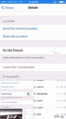 a screenshot of a phone screen showing the options to mute notifications for this conversation and leave this conversation