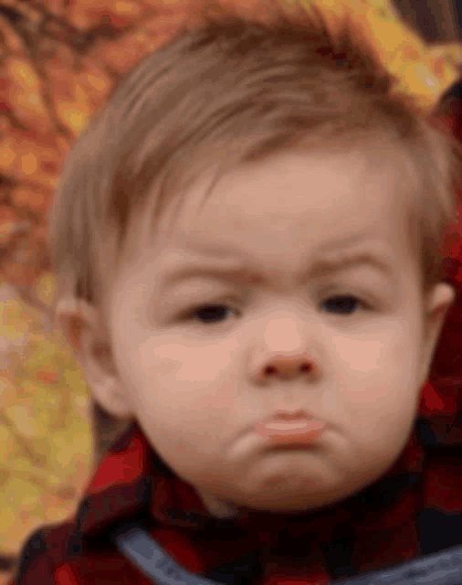 a baby in a plaid shirt is making an angry face