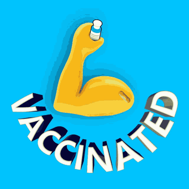 a yellow muscle with a bottle of vaccine and the words vaccinated around it