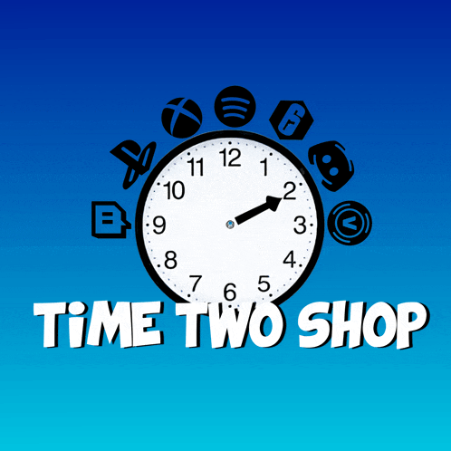 a time two shop logo with a clock in the middle