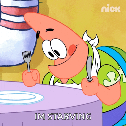 patrick star from spongebob squarepants is holding a fork and knife and says " im starving "