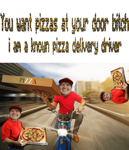 a man riding a motorcycle holding a pizza box with the word pizza on it