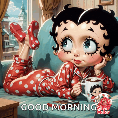 betty boop laying on a couch holding a cup of coffee