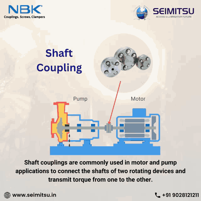 shaft couplings are commonly used in motor and pump applications to connect shafts of two rotating devices and transmit torque from one to the other