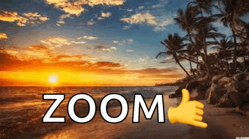 a sunset on a beach with the word zoom in front