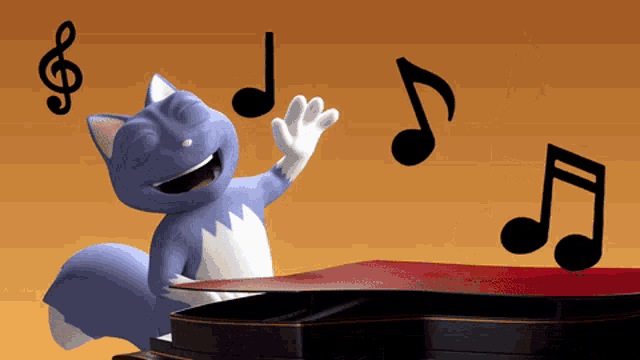 a cartoon cat is playing a piano with music notes surrounding it