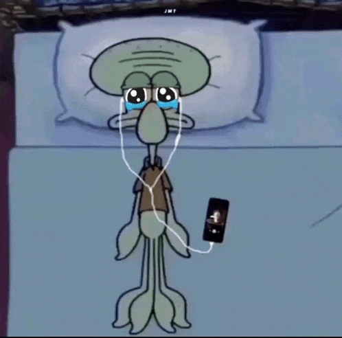 squidward from spongebob is crying while listening to music on his phone