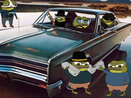 a group of frogs are standing in front of a car that says chrysler