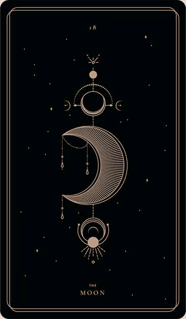 the moon is a tarot card with a crescent moon on a black background .