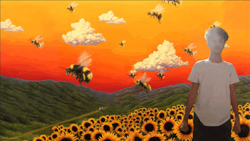 a painting of a man standing in a field of sunflowers with bees flying around him