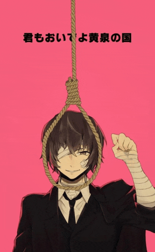 a man in a suit and tie is hanging from a rope with a pink background