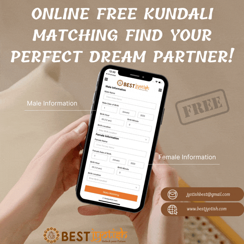 a person is holding a cell phone with a screen that says " online free kundali matching find your perfect dream partner "