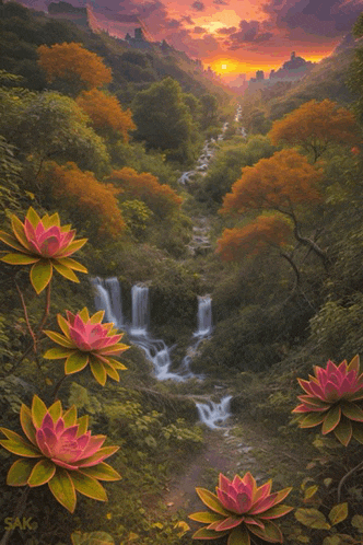 a painting of a waterfall with flowers in the foreground and the name sak at the bottom