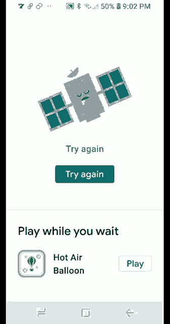 a phone screen shows a satellite and says try again