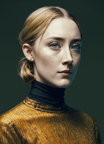 a woman wearing a black turtleneck and a gold top