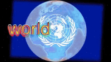 a blue globe with the word world written in red