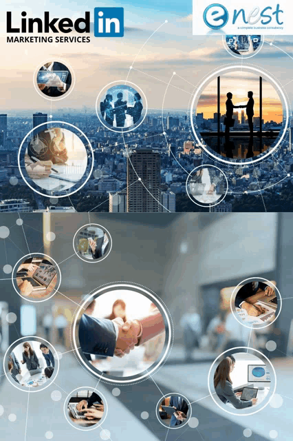 a poster for linkedin marketing services shows a city and a handshake