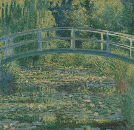 a painting of a bridge over a pond of water lilies .