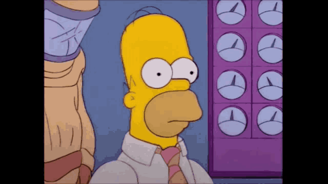 a cartoon of homer simpson standing in front of a row of clocks