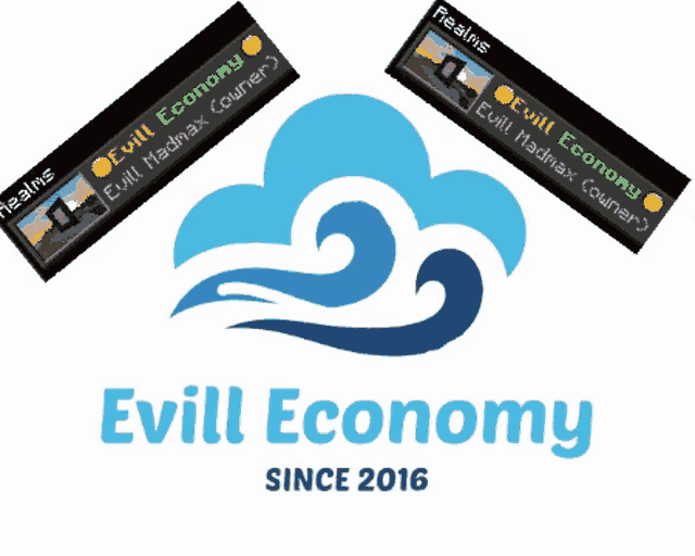 a logo for evil economy since 2016 with a blue cloud