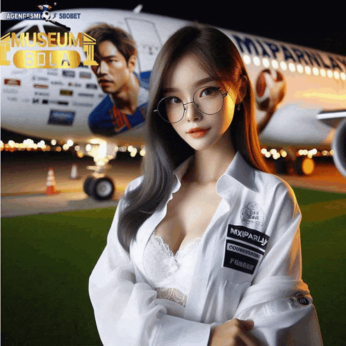 a woman in a lab coat stands in front of an airplane with the words museum bola on it