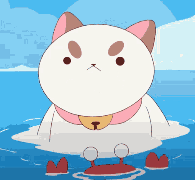 a cartoon cat is standing in the water with a bell around its neck