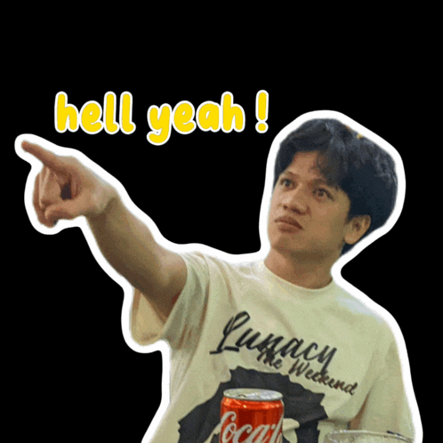 a sticker of a man pointing with the words hell yeah