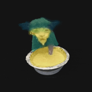 a painting of a sheep sitting in a bowl of soup