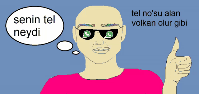 a cartoon of a bald man wearing sunglasses with a thought bubble that says senin tel neydi