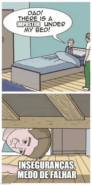 a cartoon of a man laying under a bed with the caption " dad there is a impostor under my bed "